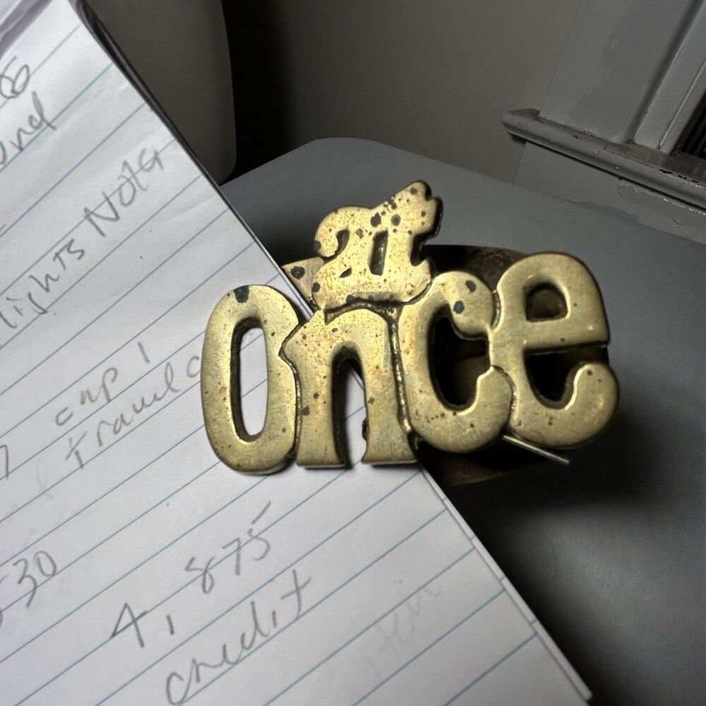Vintage Brass Paperweight Clip “At Once” Paper Holder Office Desk Paper Weight